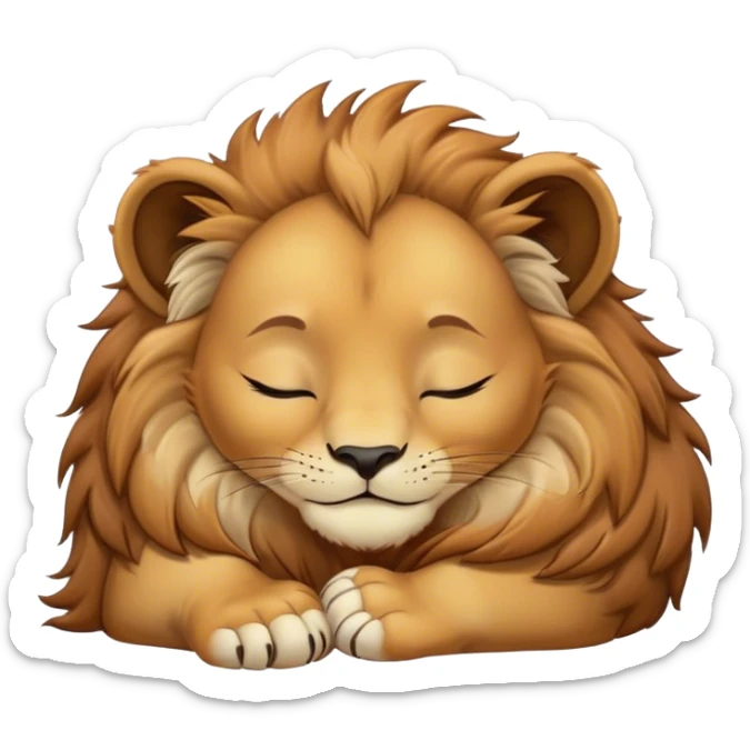 Meme-Worthy Cute Sleeping Lion Cub Portrait Emoji, Head resting peacefully with a contented smile, showcasing a robust build and a luxuriously soft tawny Fur with a flowing mane, eyes shut in a serene, restful nap, Simplified yet hilariously adorable features, highly detailed, glowing with a soft, drowsy light, high shine, relaxed and utterly lovable, stylized with an air of playful laziness, bright and heartwarming, soft glowing outline, capturing the essence of a comically sleepy Lion Cub, so meme-worthy it feels like it could instantly become the next viral sensation of adorable slumber! sticker