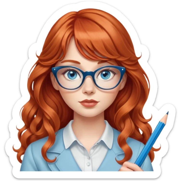 redheaded woman with very long wavy hair and bangs, blue eyes, clear cat-eye glasses, stylish modern outfit, holding a pencil sticker