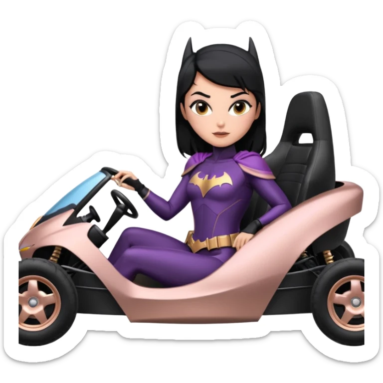 Hot full size real-appearance enclosed electric racing action BatGirl’s feminine midnight-colored tight outfit sixty’s tv show 1992 dark stealthy sporty safe plush petite off-road pursuit cruiser car rose gold accents (black hair,reclined and relaxed torso and shoulders seating position) go kart  sticker