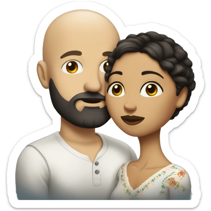 White (bald man) with (dark beard) kissing short Mexican woman with (long dark wavy hair) sticker
