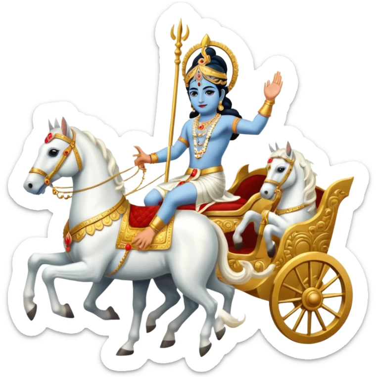 Lord Krishna driving a chariot ,seven white horses in front of the Chariot and Arjun riding the Chariot. sticker