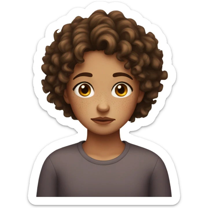 sad curly girl with short brown hair and freckles on her nose sticker