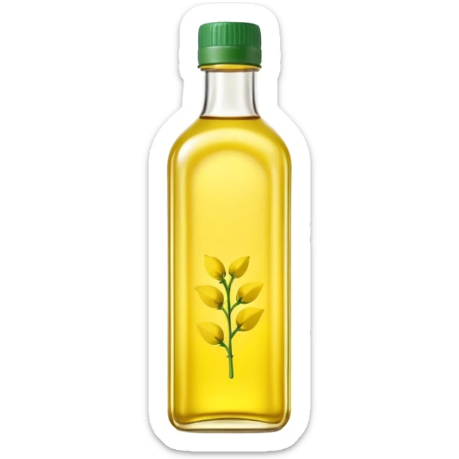 transparent bottle of rapeseed (canola) oil filled with pale yellow oil, simple natural design, slightly curved or rectangular shape, green or neutral cap, no branding, light clear smooth oil with soft golden glow, no label, clean 3D style, soft lighting, emoji scale sticker