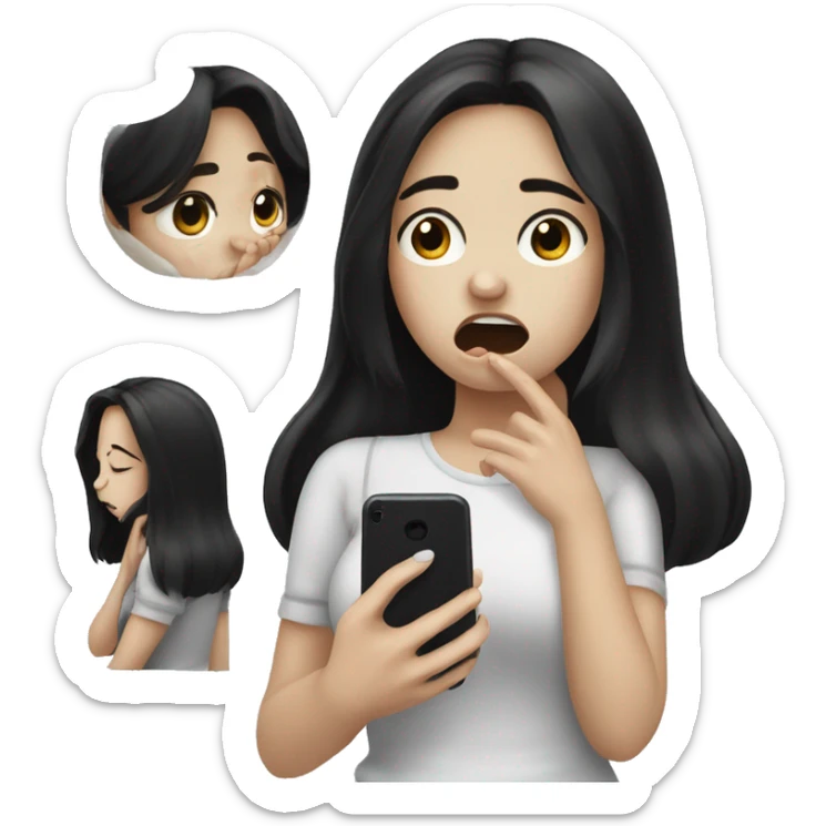 A girl with white skin and dark hair is crying, tears, holding her phone in her hand and pressing her finger on it and looking into it   sticker