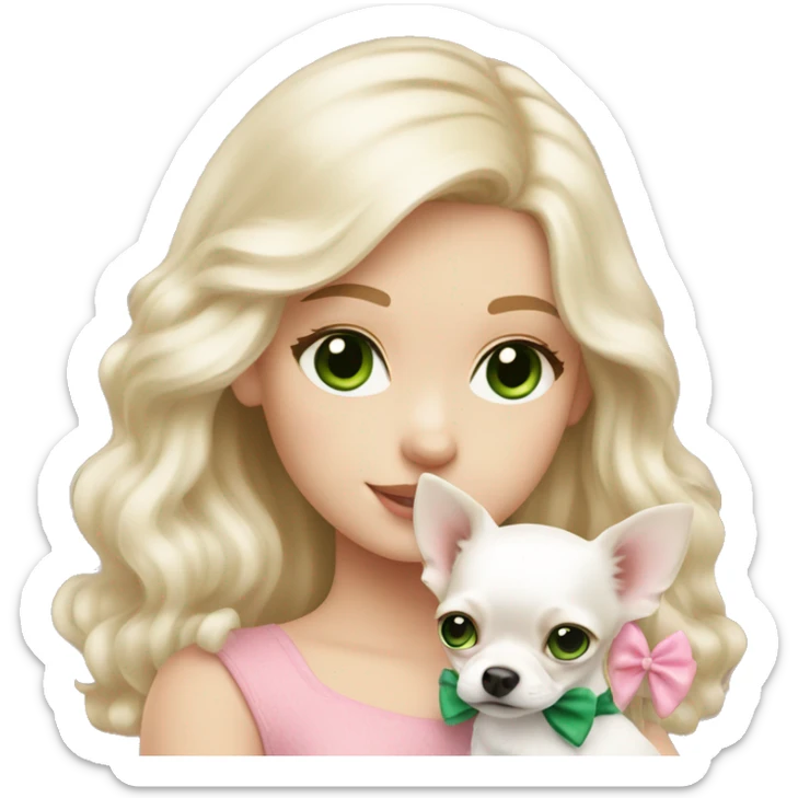pale blond girl with wavy long platinum hair with green eyes holding a white chihuahua puppy that wearing a pink bow sticker