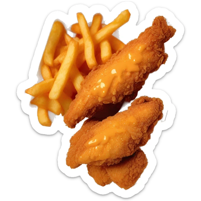 3 chicken tenders with crinkle fries and orange sauce on the side in a styrofoam container styrofoam container sticker