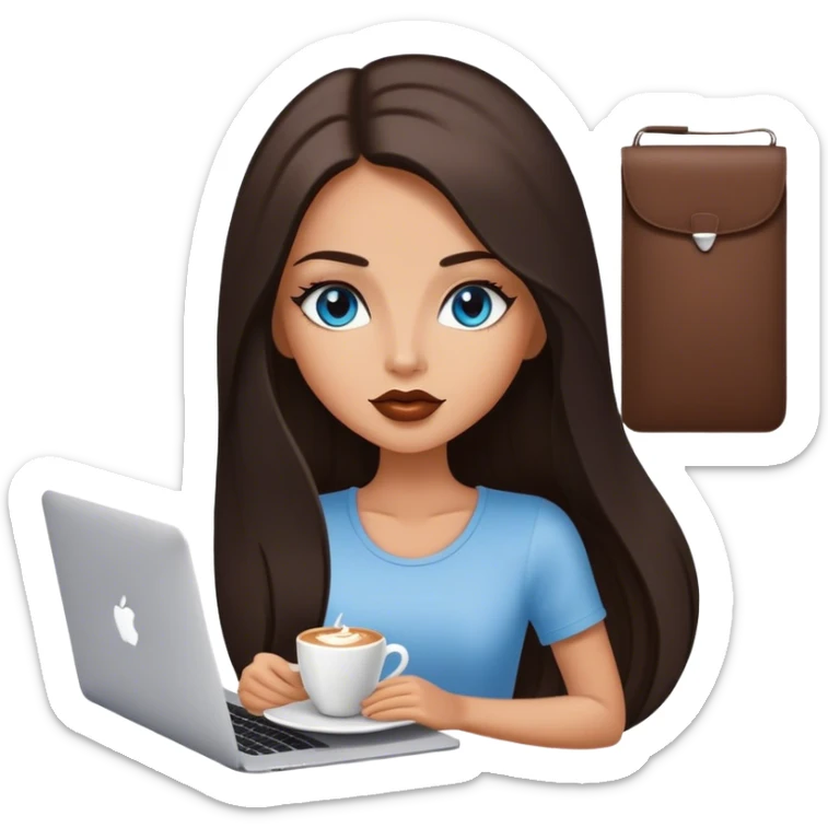 Glamours tanned very beautiful girl with pump cappucino lips and dark chocolate straight smooth long hair, blue-grey eyes with MacBook sticker