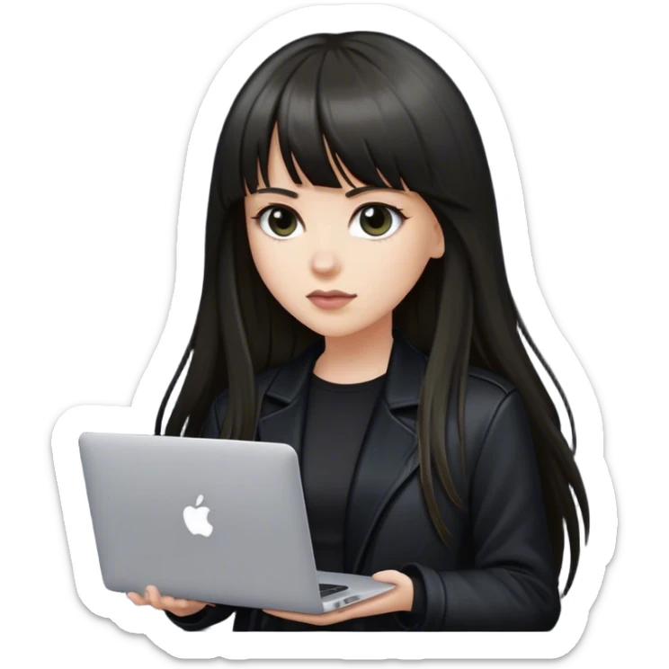 Beautiful white girl, with dark very long hair with bang, wearing black jacket with MacBook  sticker
