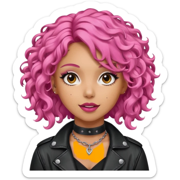 young fashionable woman, curly pink hair, wearing a leather jacket and choker, playful expression sticker