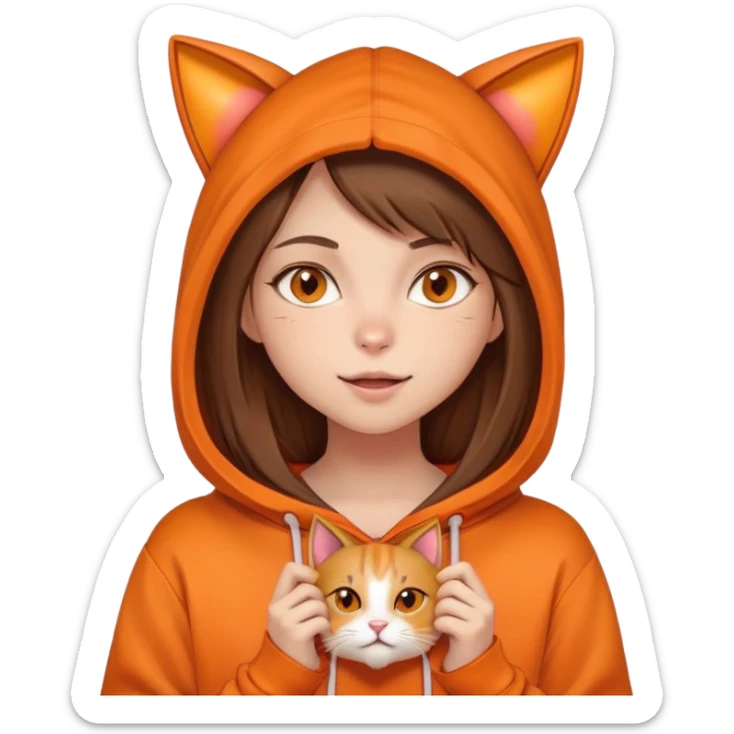 Una niña piel blanca, pelo castaño y lacio, ojos color miel, con un poleron naranja que en el gorro tiene una cara y orejas de gato, mordiendo un corazón naranja  sticker