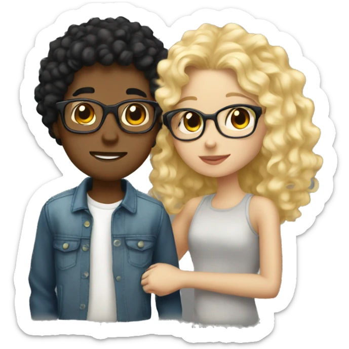 Boy curly blonde hair glasses kissing girl  with black hair sticker