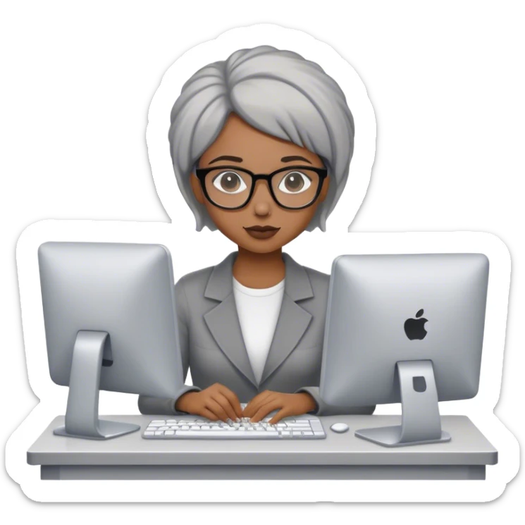 Light skinned Black girl with glasses shot natural gray haircut working on computer sticker