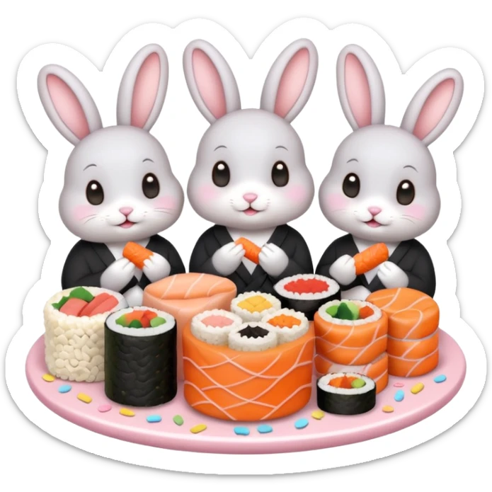 four cute bunny rabbits eating sushi at a birthday party, pastel colors, kawaii, confetti, birthday cake, emoji style sticker