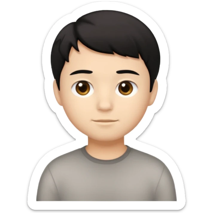 Simple iOS-style emoji of a young boy with short, slightly messy black hair, a round face, large brown eyes, and a small neutral smile sticker