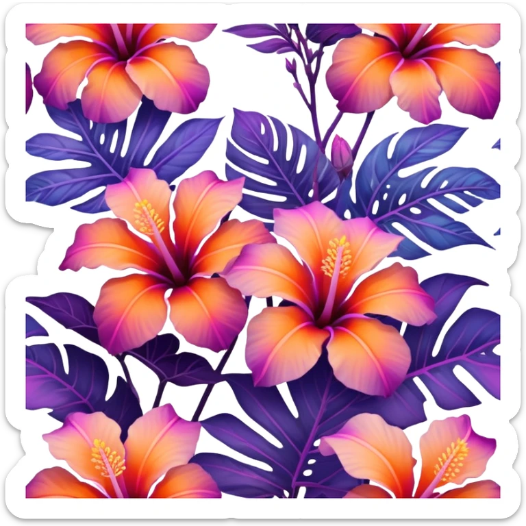 Iridescent tropical exotic beautiful pretty Purple pink and orange gradient hibiscuses sunset sunrise full scenery aesthetic deco sticker