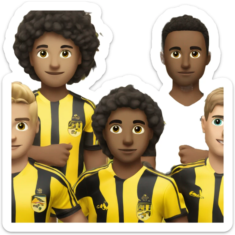 5 people that wears a black yellow football kit with yellow shorts, the kit is look like an art and there is an potato image on the left up on the kit sticker