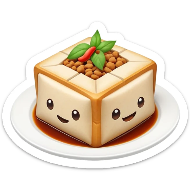 Hakka Stuffed Tofu with five spiced meat filling, simplified emoji style with bold outlines and bright colors, cartoon style unique triangular stuffed bean curd sticker