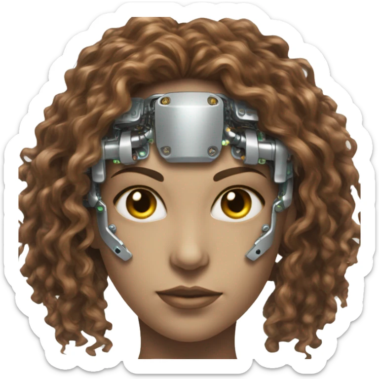 female cyborg head with metallic plated face, long brown curly hair and circuitry sticker