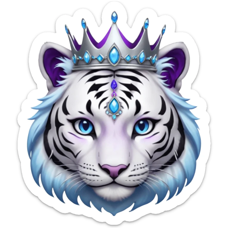 ESO Female white/black tiger khajiit leader of the umbral rose, glowing blue eyes, glowing blue 'third eye' gem; purple gemmed silver crown/tiara sticker