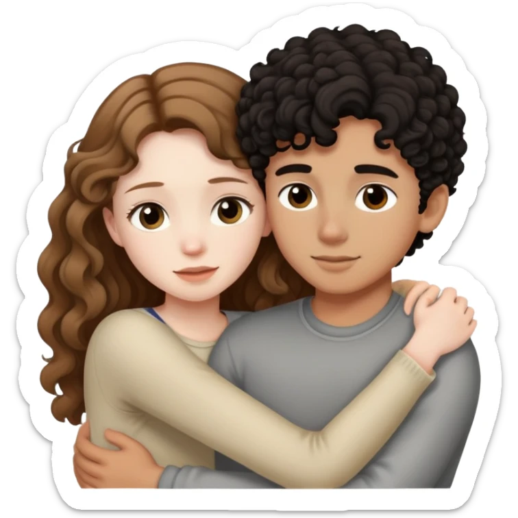 girl with long light brown hair and pale skin hugging a boy with short black curly hair and tanned skin sticker