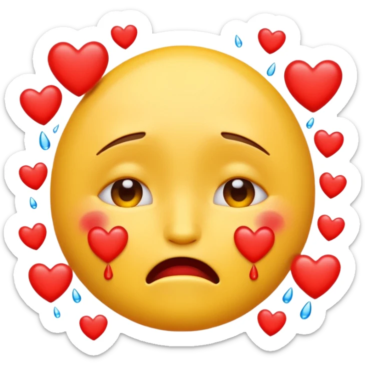 a yellow emoji face who cries from happiness and around red hearts sticker