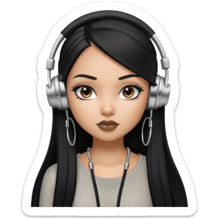 generate a pretty bratz girl with black long straight hair and silver headphones on, brown lipstick tattoo on shoulder, eyeliner on, silver hoops sticker