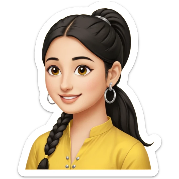 generate a pretty bratz emoji that looks like Kareena Kapoor's Geet character. 
Make her wear a yellow kurti, silver hoops, black hair in a ponytail. smiling big

She should look like Kareena Kapoor sticker