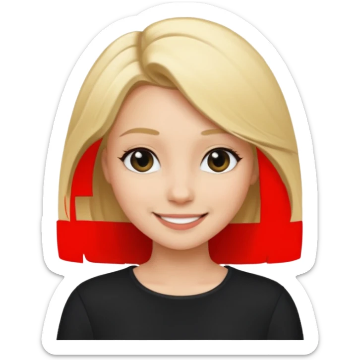 a new character a girl with shoulder length blonde hair wearing black clothes and wearing a cheeky smile sticker