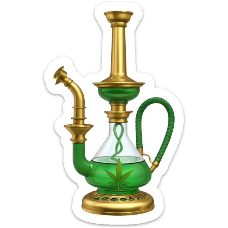Brass hookah with green design on a glass water base and a weed banger on the top sticker