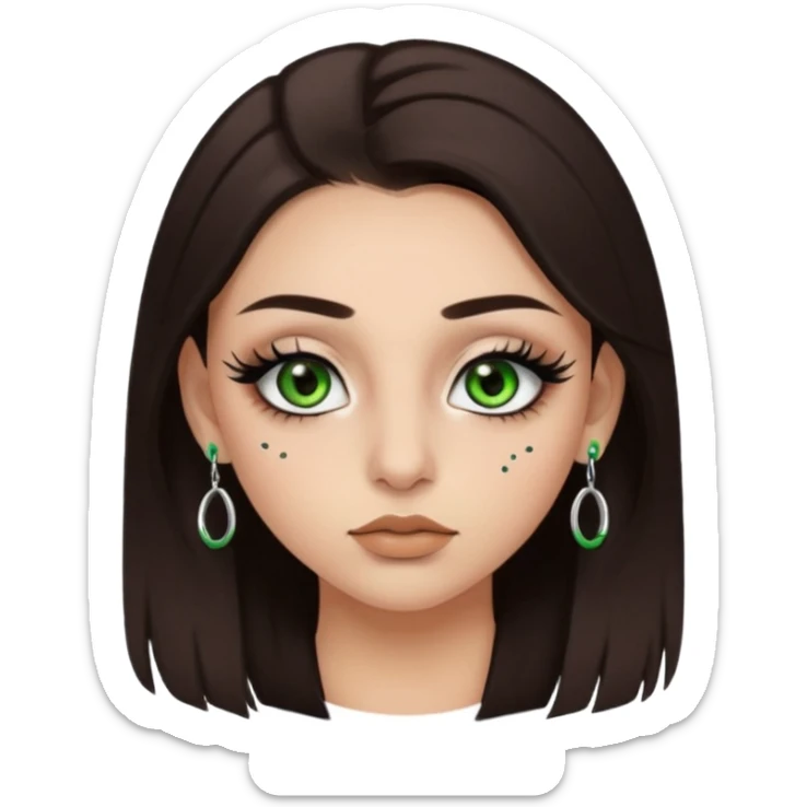Y2k style Girl with: long, straight dark brown hair, green/ hazel eyes, nostril and septum piercing, fake eyelashes and eyeliner sticker