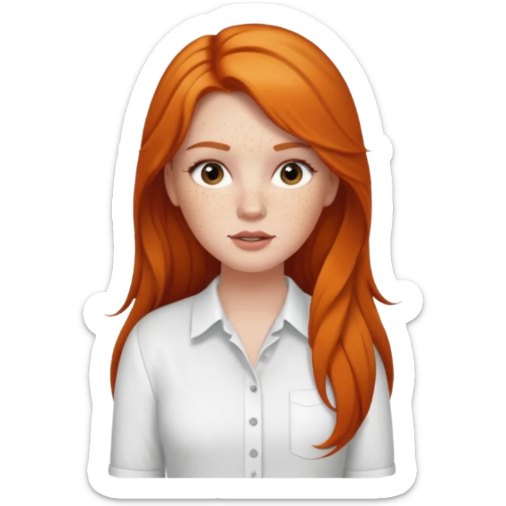 A white girl with freckles long lashes plump lips and ginger long hair pretty and she’s wearing a white shirt full body sticker
