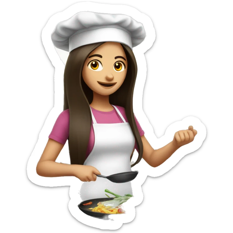 Brunette long straight hair girl making dinner in a cook hat sticker