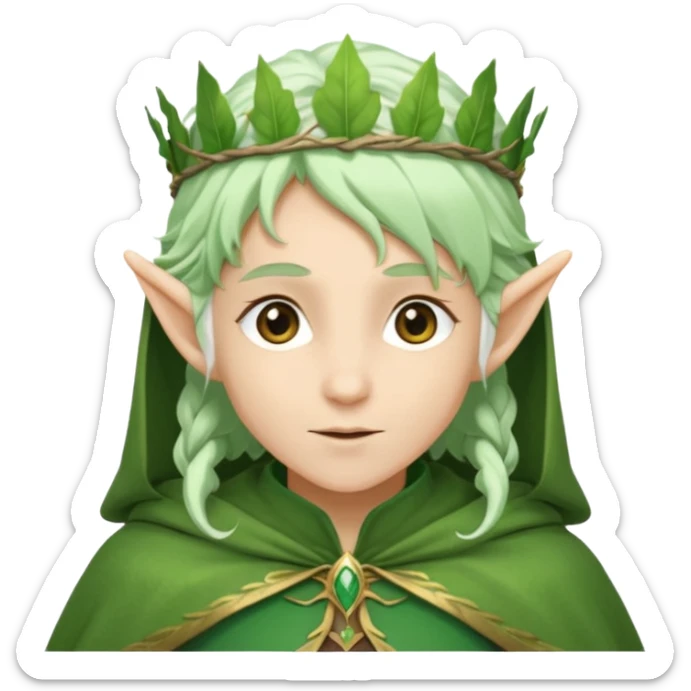 Forest Elf – elegant green-skinned elf with leaf crown and cloak, white hair sticker