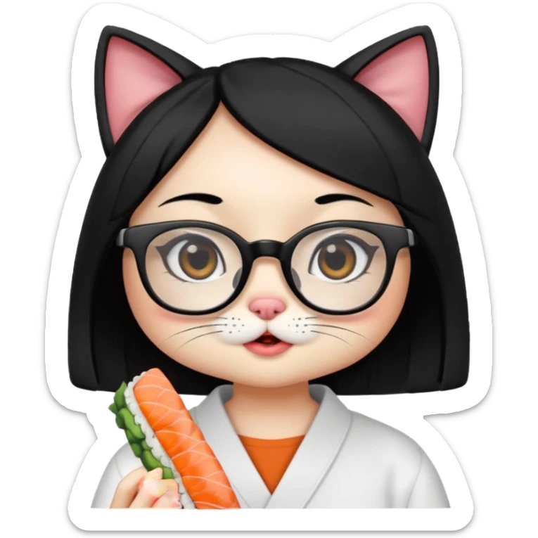 cute girl cat with straight hair and really big square glasses with super thin frames eating sushi sticker