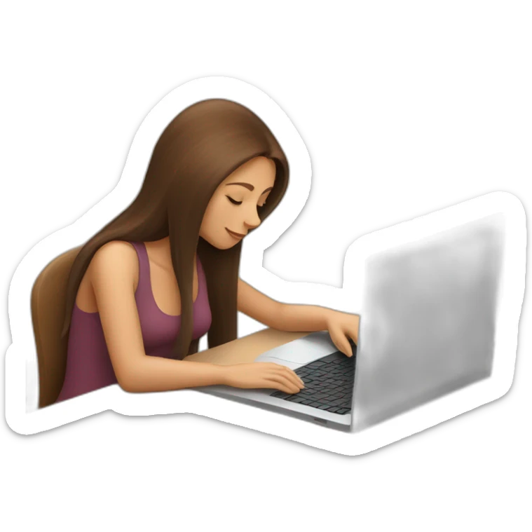 woman with brown long straigh hair working on laptop and a large cat sleeping on the laptop sticker