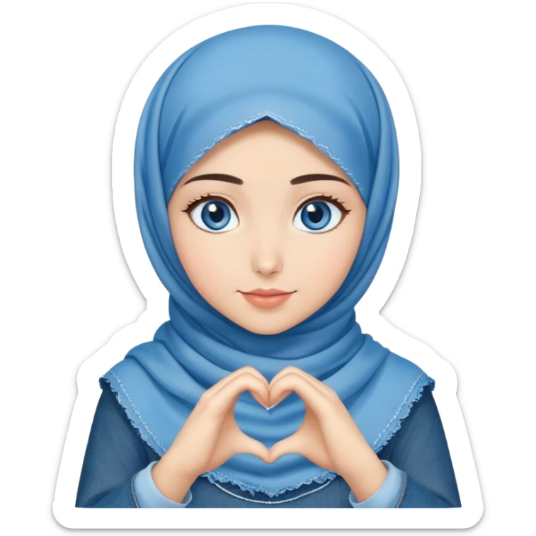 Turkish beautiful finish Konya girl blue eyes with denim hijab islamic dress and making heart with hands sticker