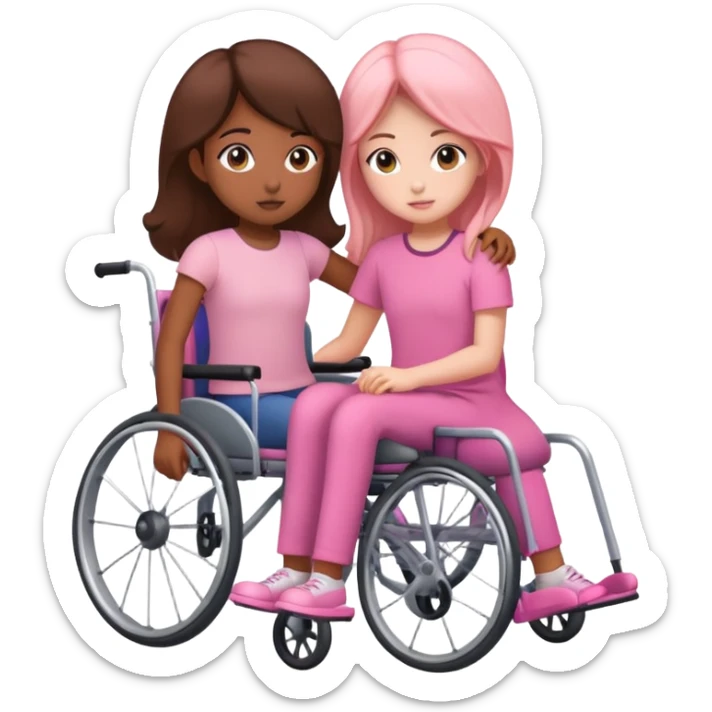 One peach skin sister pushing her brown skin sister in a pink wheelchair sticker