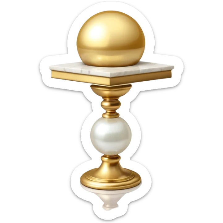 Beautiful precious tall Greek White marble pedestal with a gold cushion laying on top of it with a big shiny pearl-sphere-orb laying on it sticker
