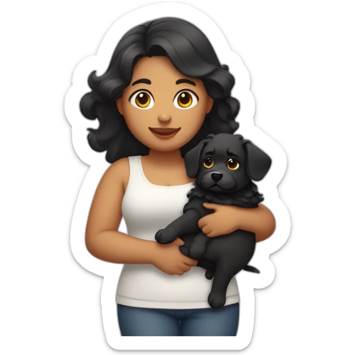 chubby fair girl with  wavy black hairs holding dog in her arms sticker