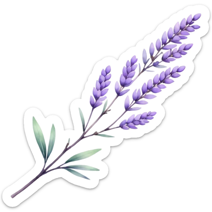 The art style is clean line art with delicate watercolor textures, pastel colors, and a dominant palette of lavender, soft lilac, and muted purple. Let the branch be more elongated and one sticker