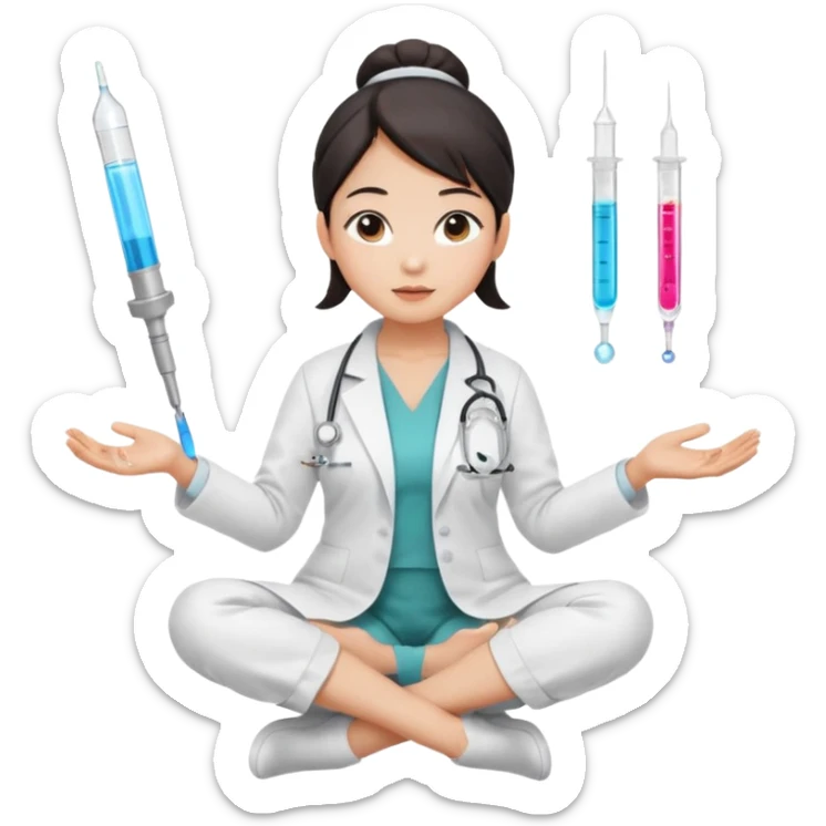 emoji of an asian woman with a single bun in a white lab coat sitting cross legged with micropipettes levitating in an arc around her head, the tips should be pointing away from her and she should not be wearing a steth escope sticker
