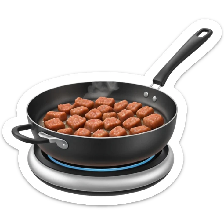 A 3D cartoon frying pan with minced meat being cooked, slight steam, realistic texture, Memoji-style. sticker
