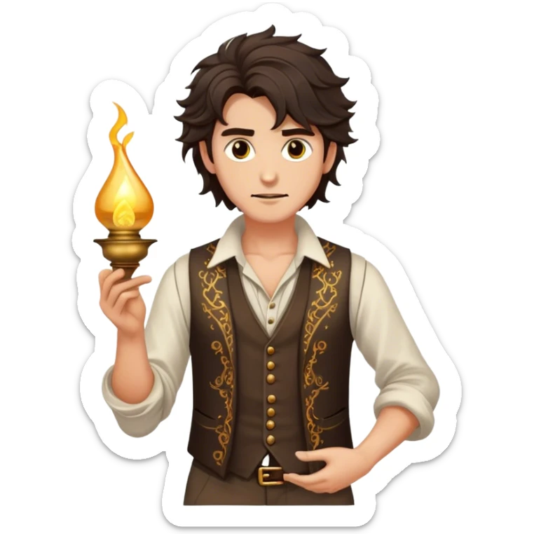 Cinematic Realistic Aladdin Portrait, depicted with lifelike, warm skin textures and a confident yet approachable gaze. His dark, wind-tousled hair frames expressive eyes full of adventure and kindness. Dressed in his iconic vest and loose trousers with intricate detailing, he holds a subtle glimmer of a magic lamp, all rendered under soft natural lighting with a radiant glow that captures his resourceful spirit. sticker