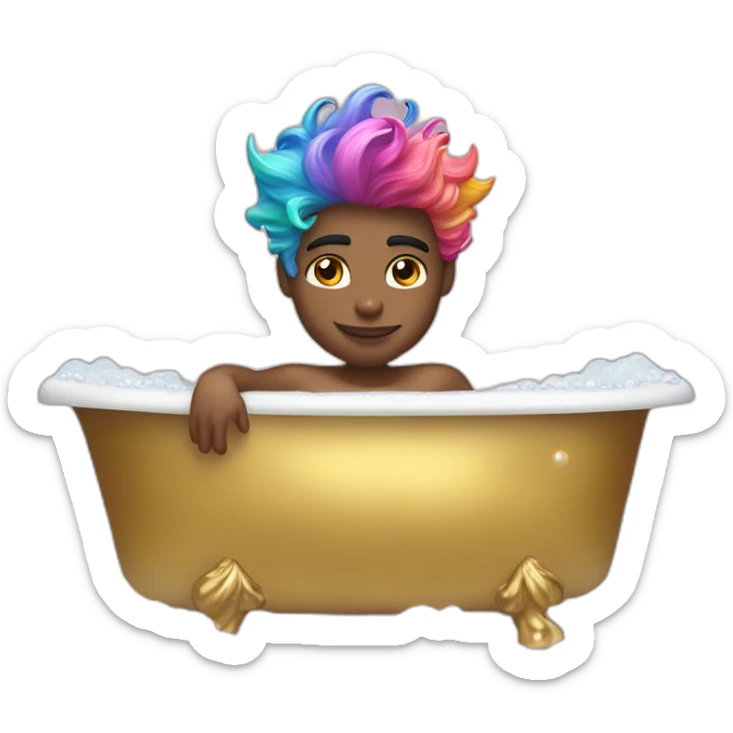 Posh-muscle-boy-with-pearl-necklace-and-rainbow-unicorn-hair-in-golden-bathtub sticker
