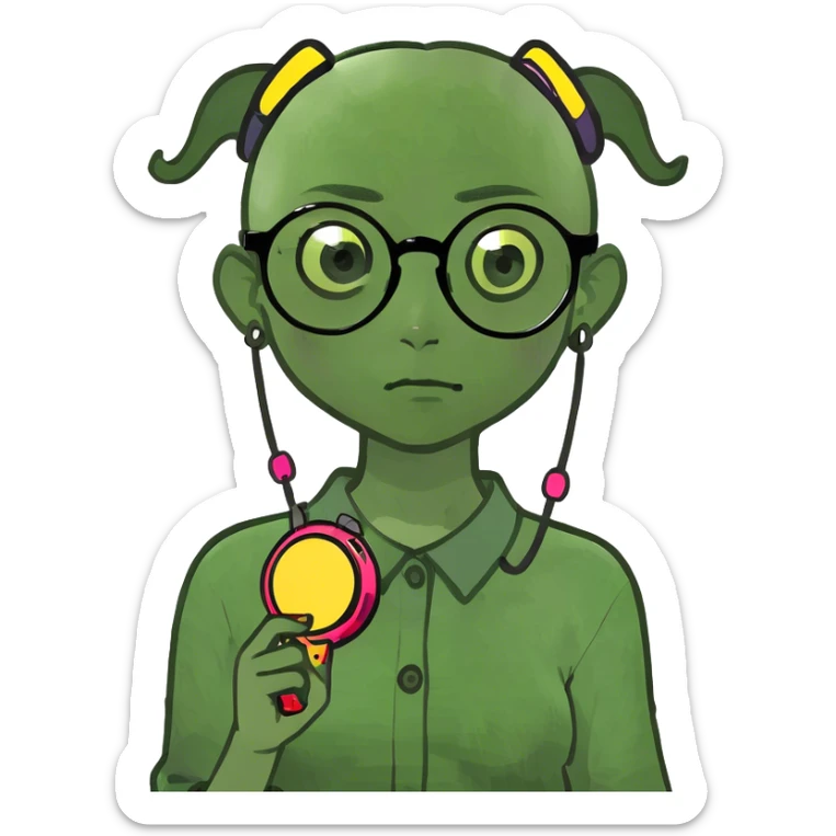 create a half Japanese girlie with glasses holding buzzers and part of her head shaved. She has concepts of a psychotic break. sticker