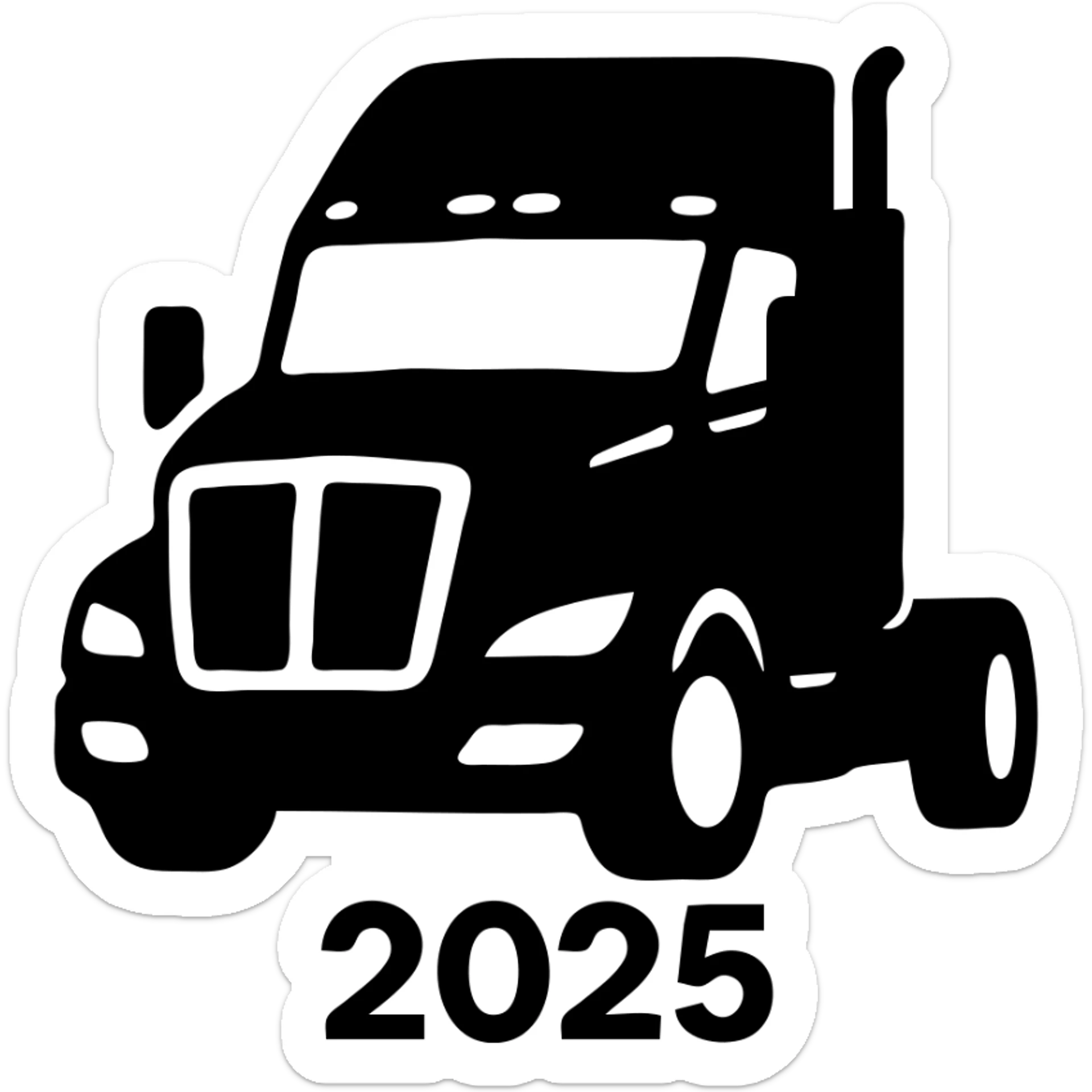Minimal flat icon style close-up of a 2025 Kenworth T680 truck in black, 45-degree front angle, headlights on, no background. sticker