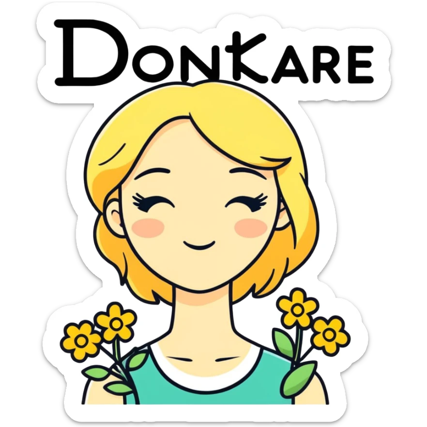A blonde girl with flowers and the phrase:  "I don't care." sticker