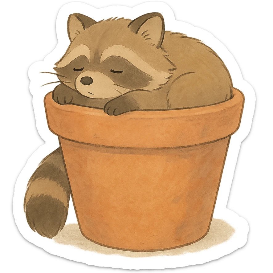 sleepy raccoon inside a flower pot, pastel earthy colors, soft Ghibli style sticker