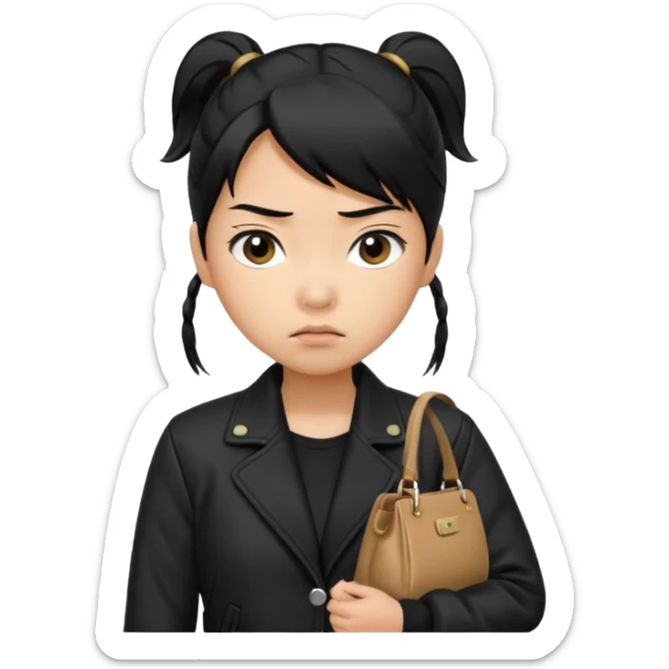 A girl with a pony tail black hair and Asian tan skin, Asian eyes, with a black jacket and a black purse, with an annoyed and confused expression on her face  sticker