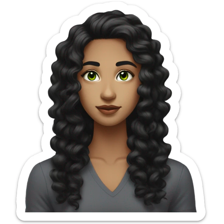long curly black hair,eyes with a hint of green, eyes positive  canthal tilt ,medium thick shaped eyebrows , and medium thin lips, round face shape, soft jawline, full body, teen, sensual, american sticker